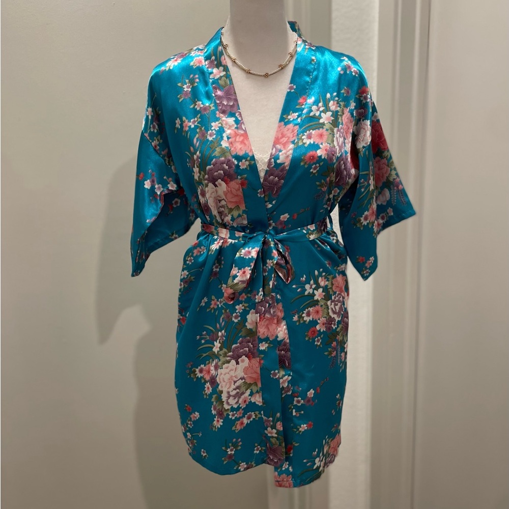 VTG 80s 90s Blue & Pink Floral Print Knee-Length Kimono Bath Robe - 10